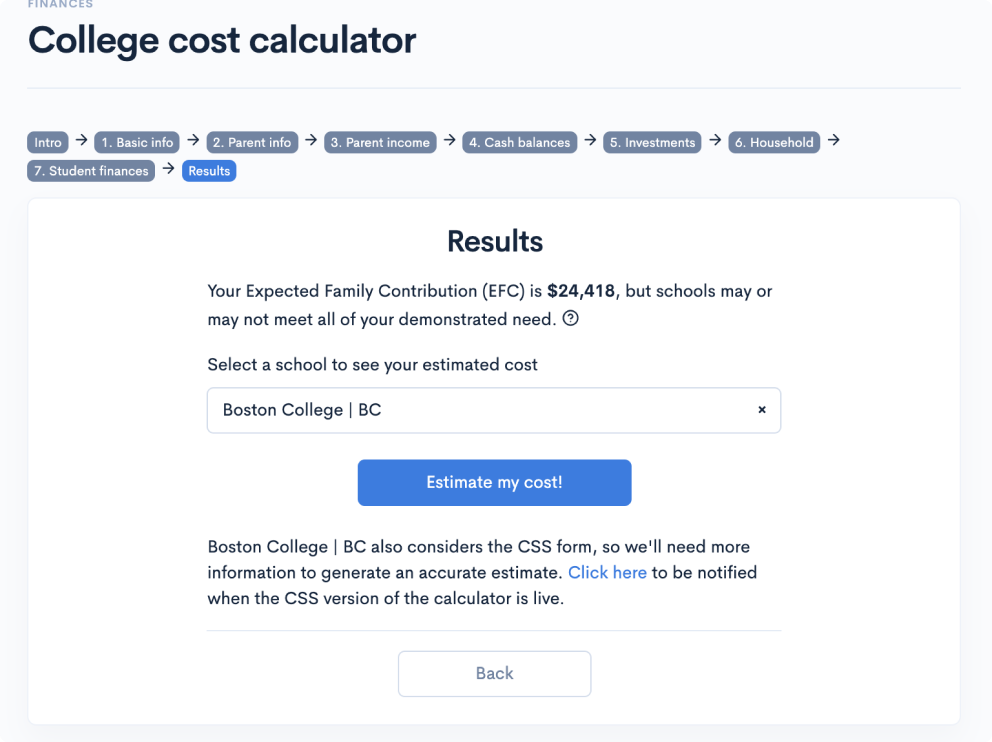 college cost calculator results